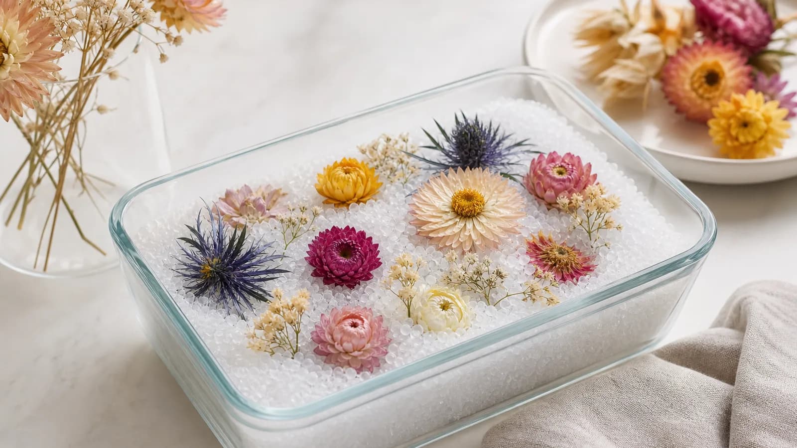 Strawflowers and thistles buried face-up in fine white silica gel beads inside a glass container