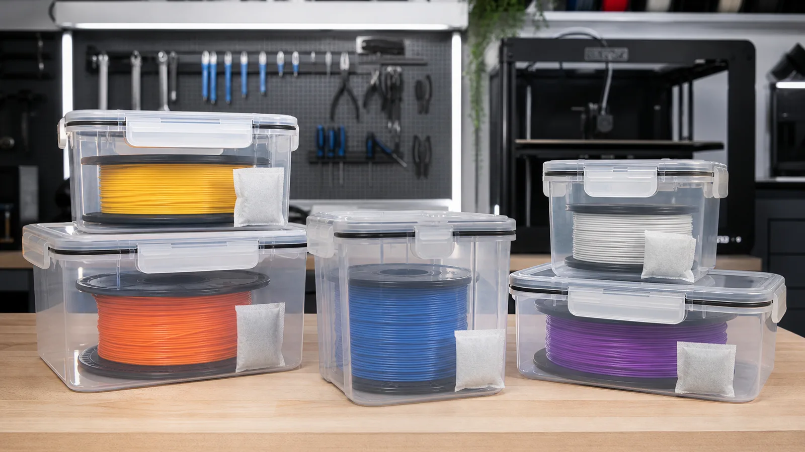 Five 3D printer filament spools in sealed clear boxes, each with a silica gel sachet beside it