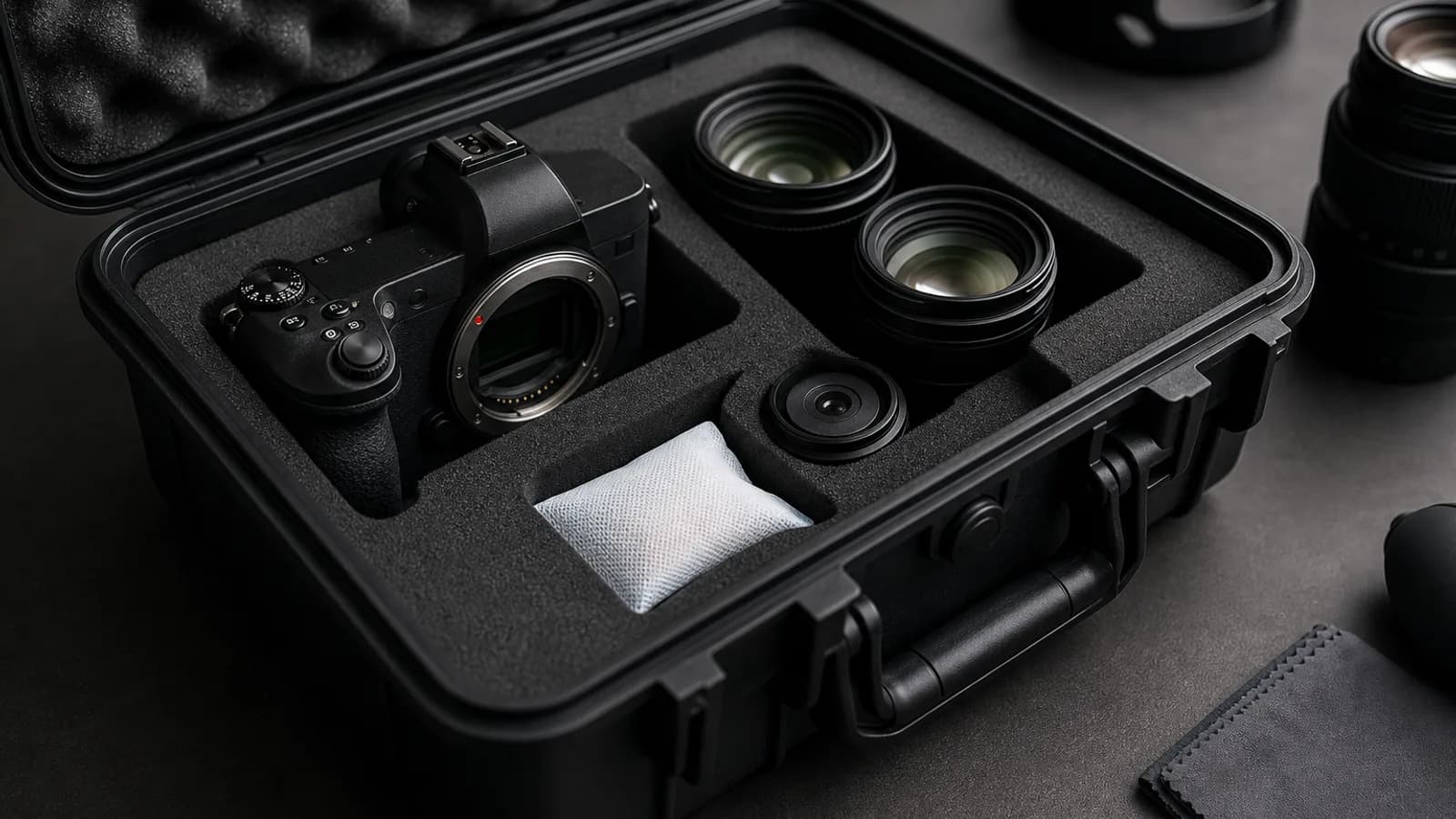 Mirrorless camera body and lenses in a foam-lined hard case with a silica gel sachet in its own cutout