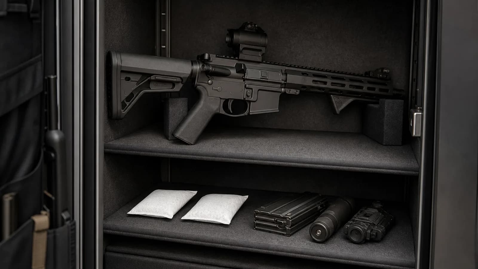 Two silica gel desiccant packs on the lower shelf of a gun safe, below a rifle and beside magazines