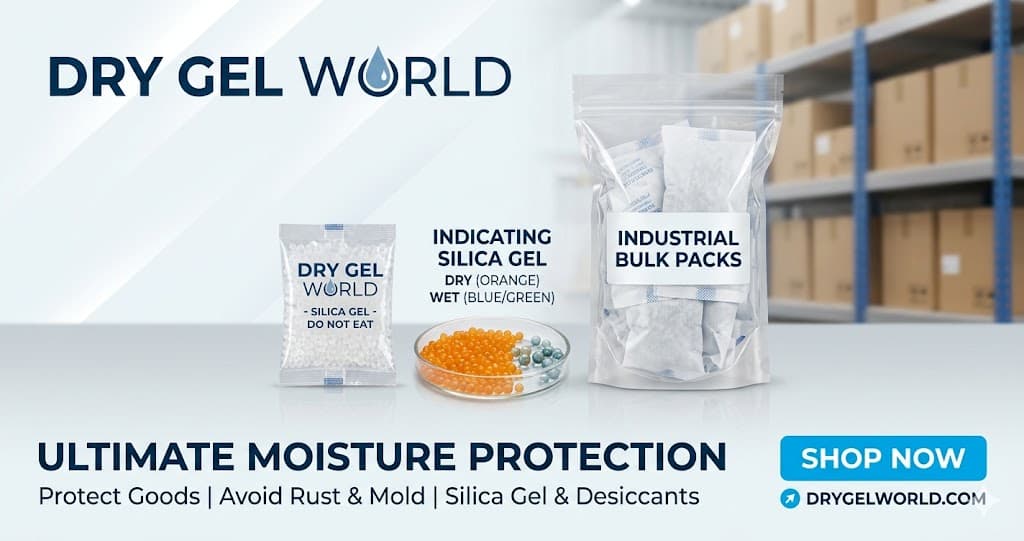 DryGelWorld branded silica gel sachets, indicating gel, and industrial bulk packs
