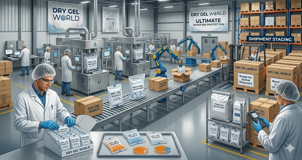 DryGelWorld production line with workers in hair nets, packaging machines, robotic arms, and finished-goods staging