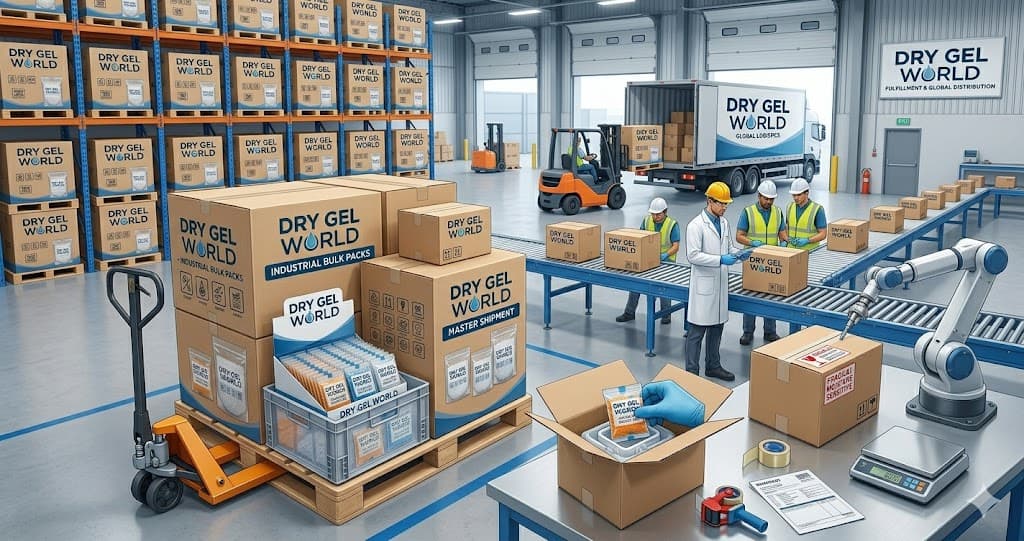 DryGelWorld fulfillment with branded industrial bulk packs on pallets, forklift loading, and global logistics dispatch
