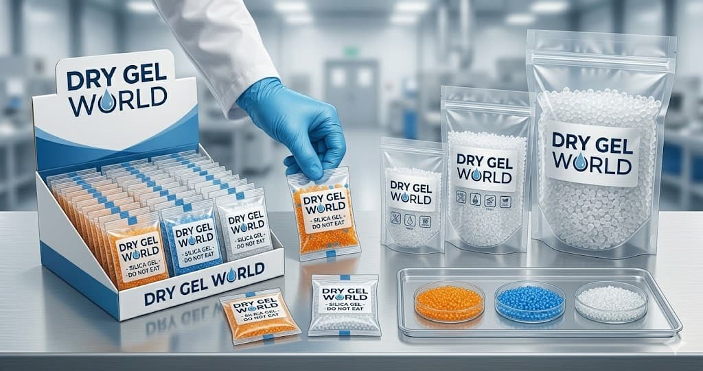 DryGelWorld branded product range with silica gel sachets, indicating bead variants, and industrial bulk pouches