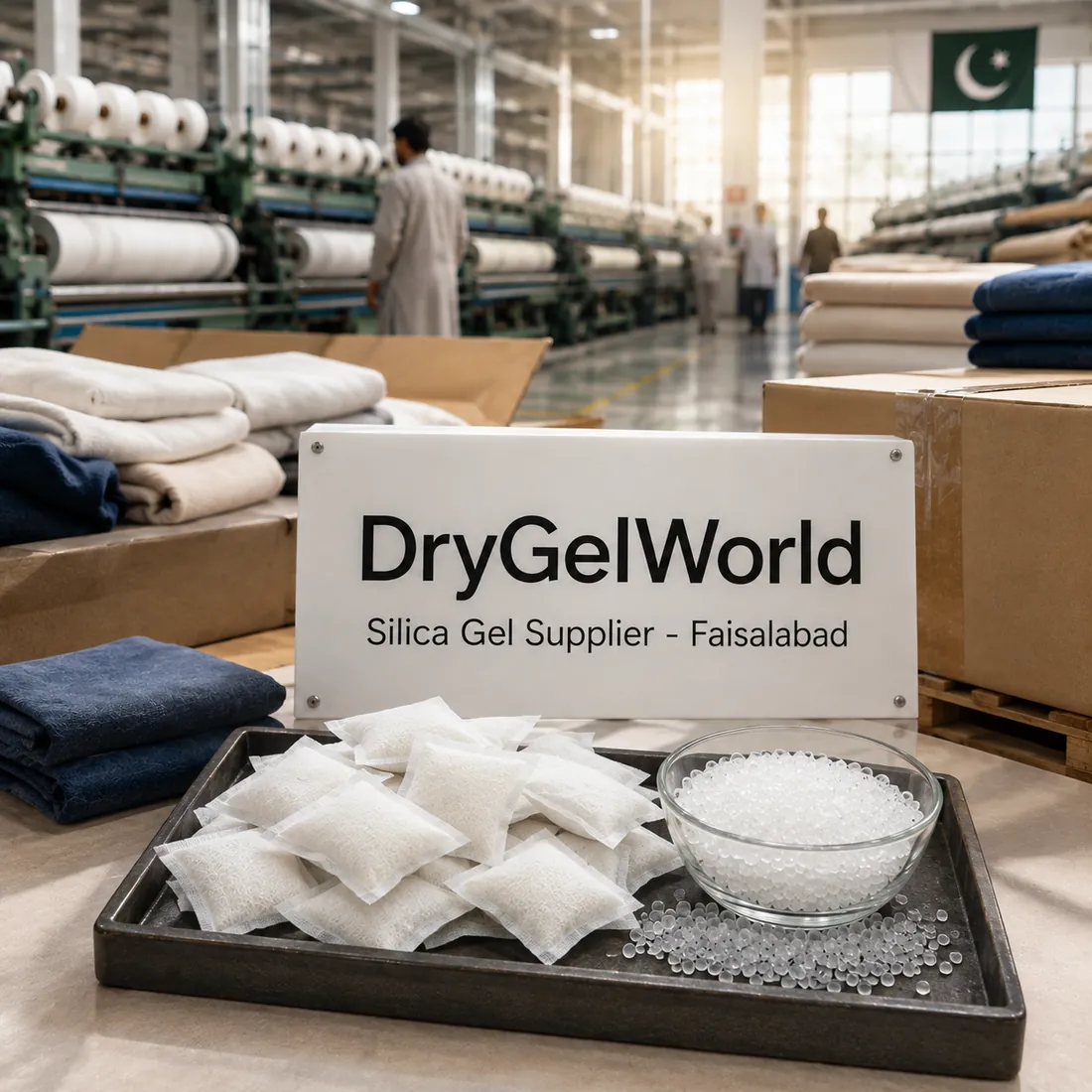 A tray of silica gel sachets and beads in front of spinning frames and stacked fabric in a textile mill