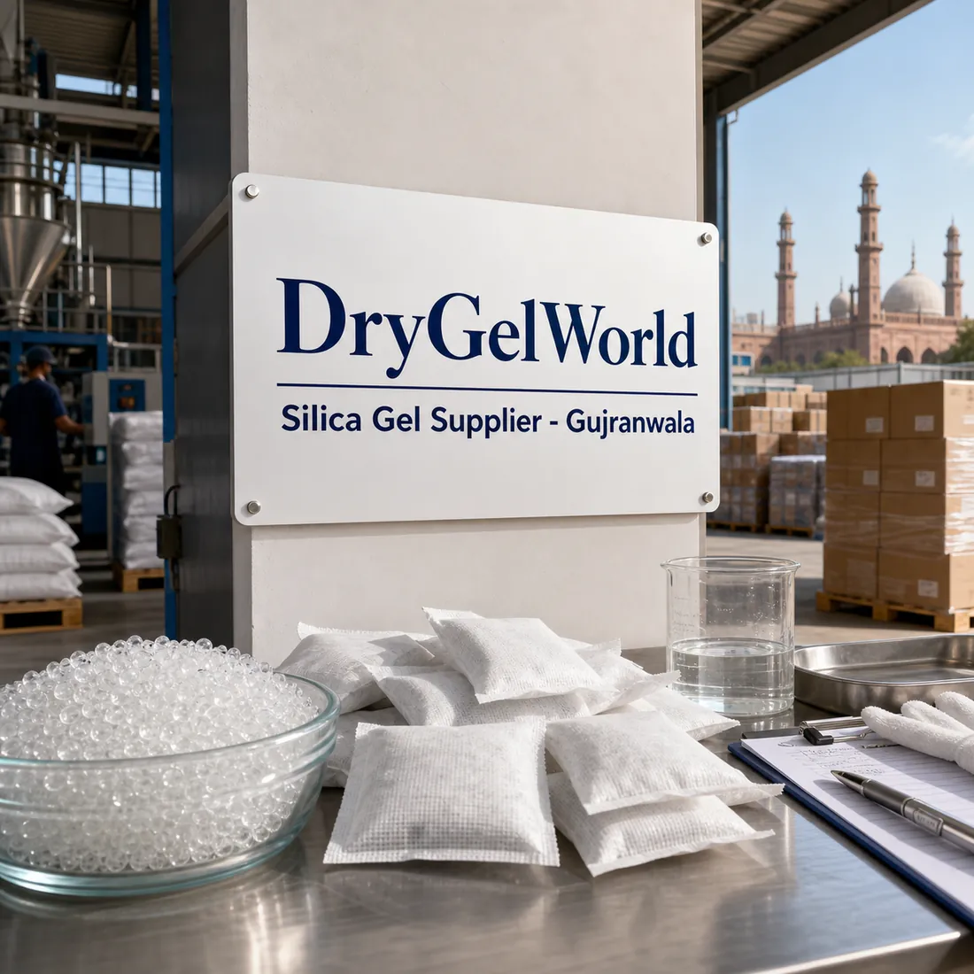 Silica gel sachets and beads on a bench inside a plant, with sacks on pallets and cartons stacked for dispatch