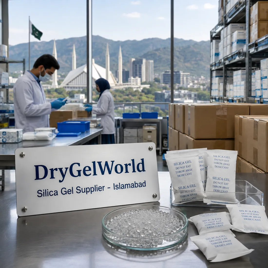 Silica gel sachets and beads on a laboratory bench with staff in lab coats packing cartons