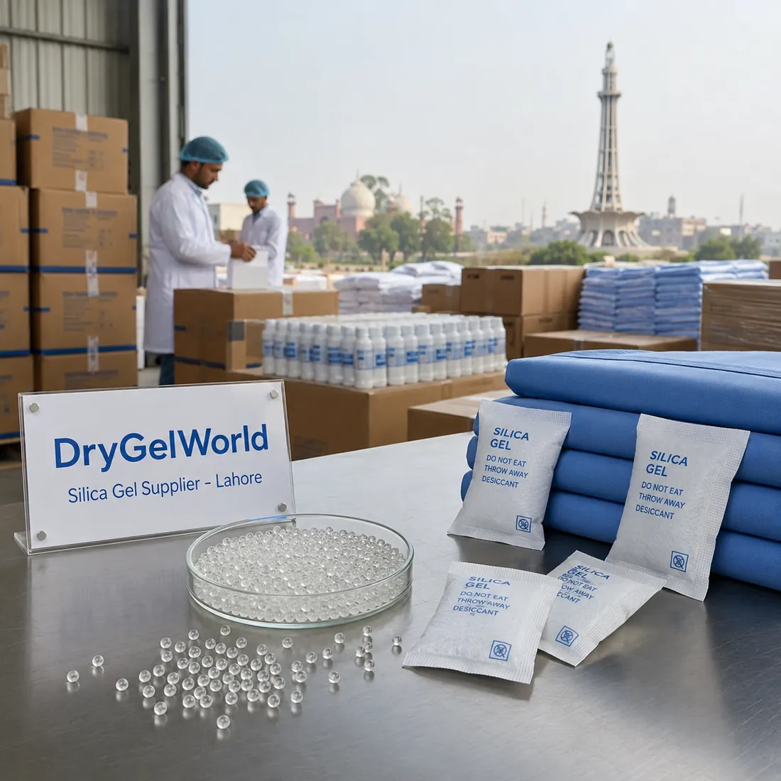 Silica gel beads and sachets beside pharmaceutical bottles and folded textiles, the two things Lahore packs most