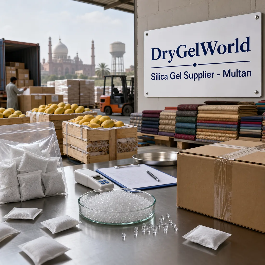 Silica gel sachets and beads on a bench beside crates of mangoes and stacked fabric, with a container being loaded