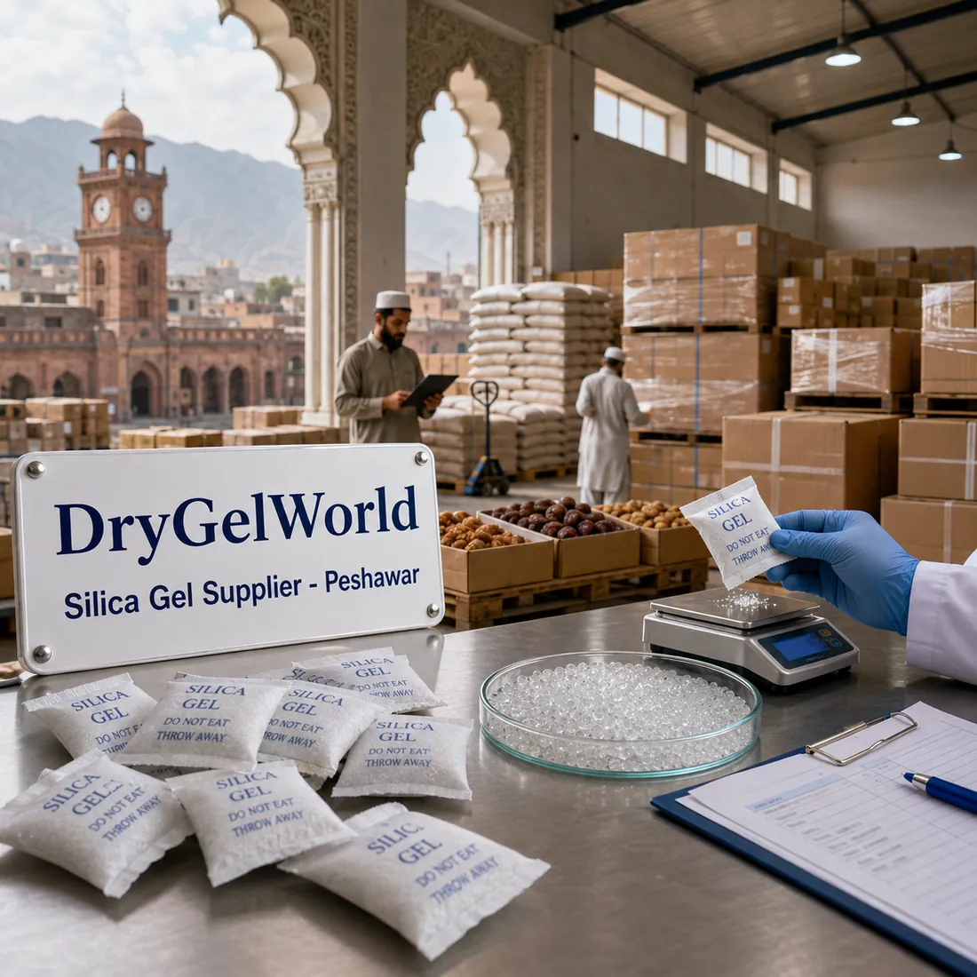 Silica gel sachets being weighed beside crates of dried fruit and nuts in a trading warehouse