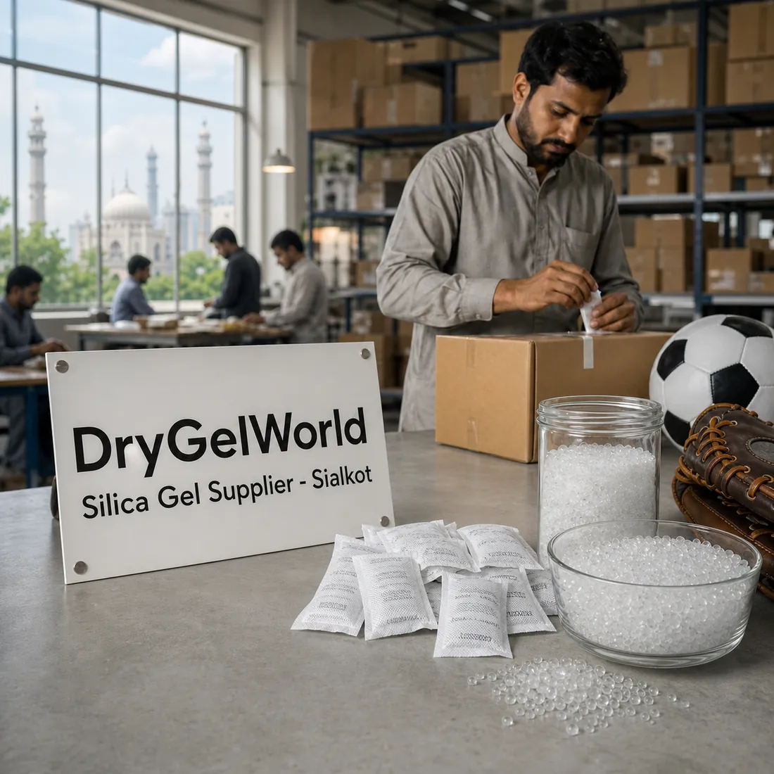 Silica gel sachets and beads beside a football and a leather glove, with a worker sealing an export carton