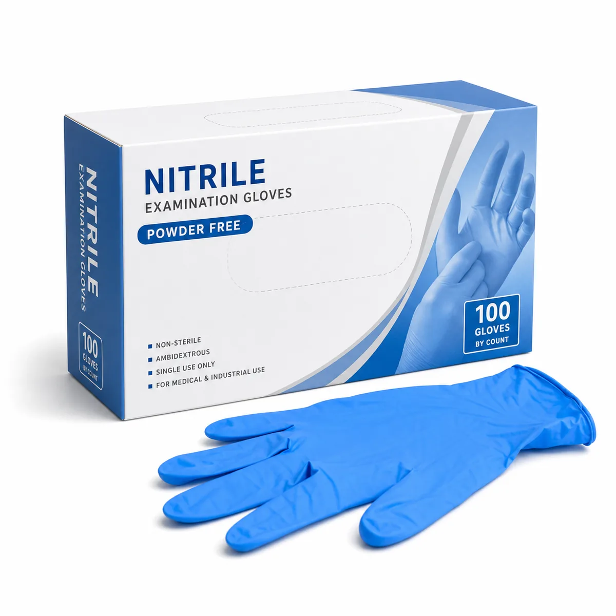 Powder-Free Nitrile Examination Gloves - Powder-free nitrile examination gloves in blue and black for medical, laboratory, food-handling, and industrial hand protection.