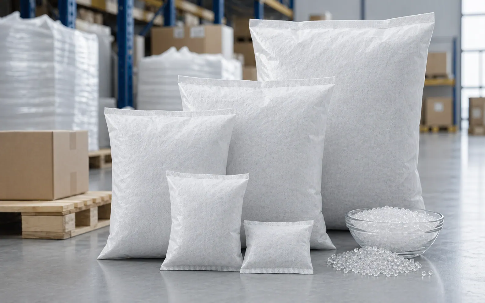 Bulk silica gel desiccant bags and clear beads in a warehouse supply setting