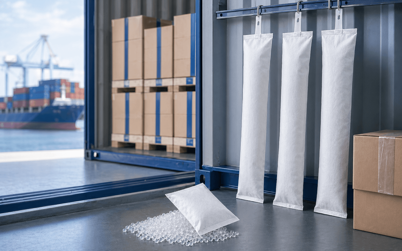 Shipping container moisture control with cargo desiccant strips