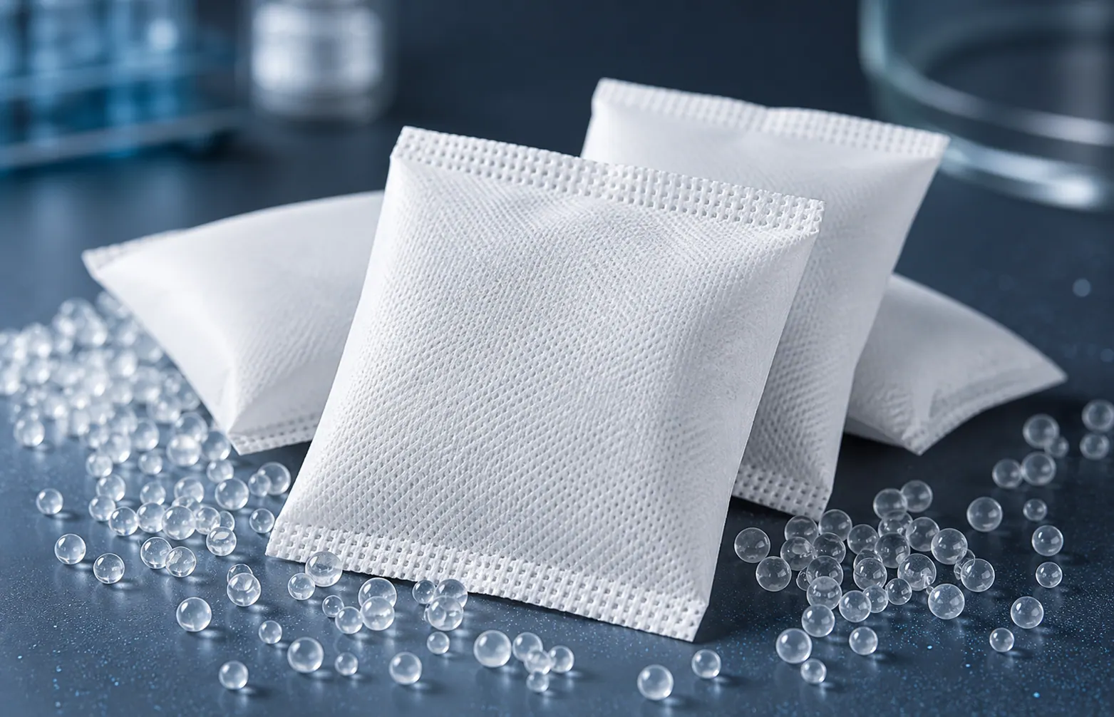 Clean white silica gel packets with clear beads for industrial packaging