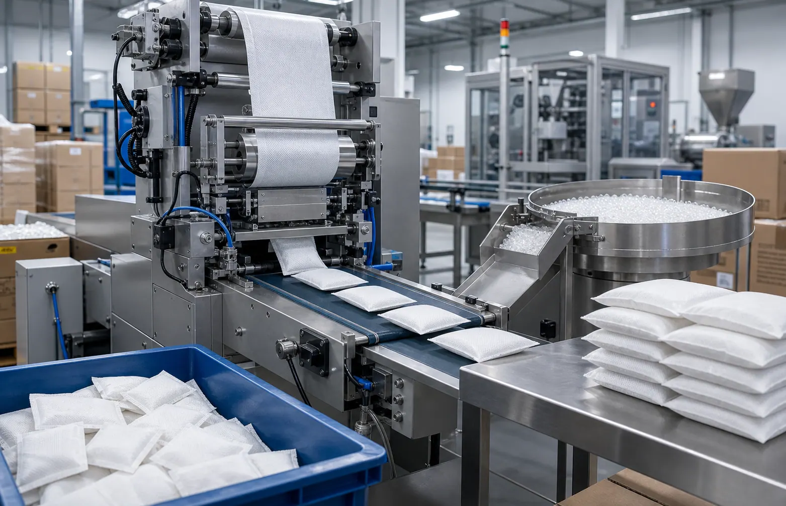 Desiccant manufacturing and packing line for silica gel packets