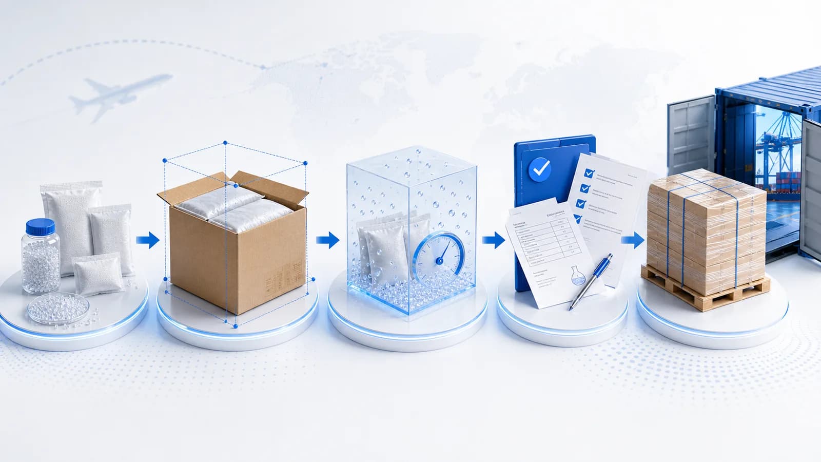 Industrial silica gel buyer guide process showing packet selection, sizing, humidity check, documents, and pallet shipment