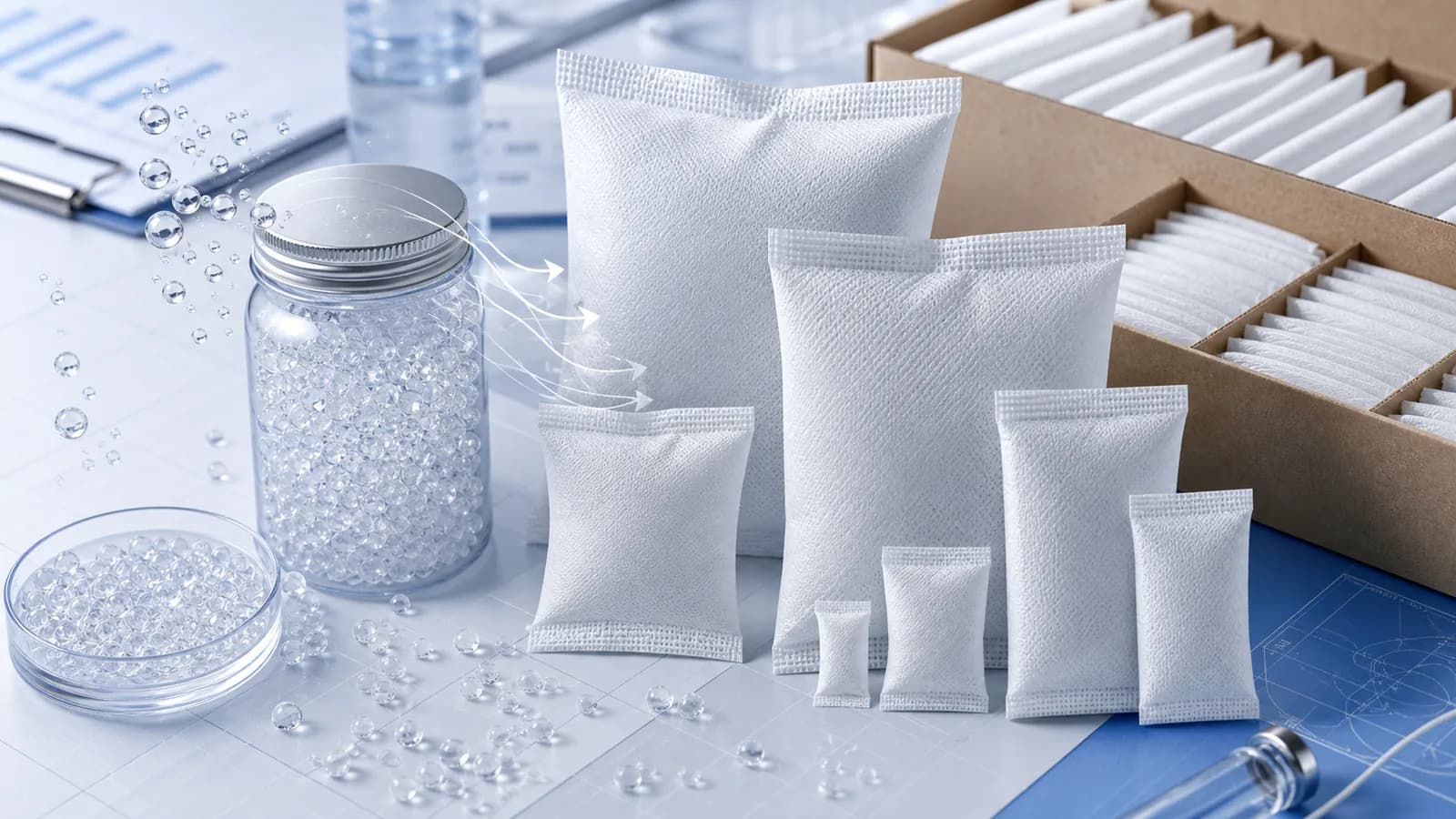 Moisture absorber manufacturer: Moisture absorber silica gel sachet sizes, clear bead jar, and bulk desiccant bag on a technical surface