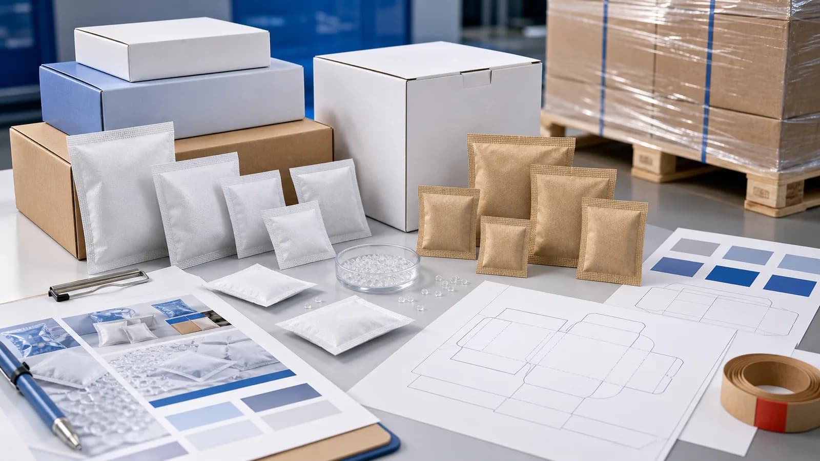 Private label desiccant packets: Private label silica gel sachets with blank white and kraft packets, cartons, and packaging proof sheets
