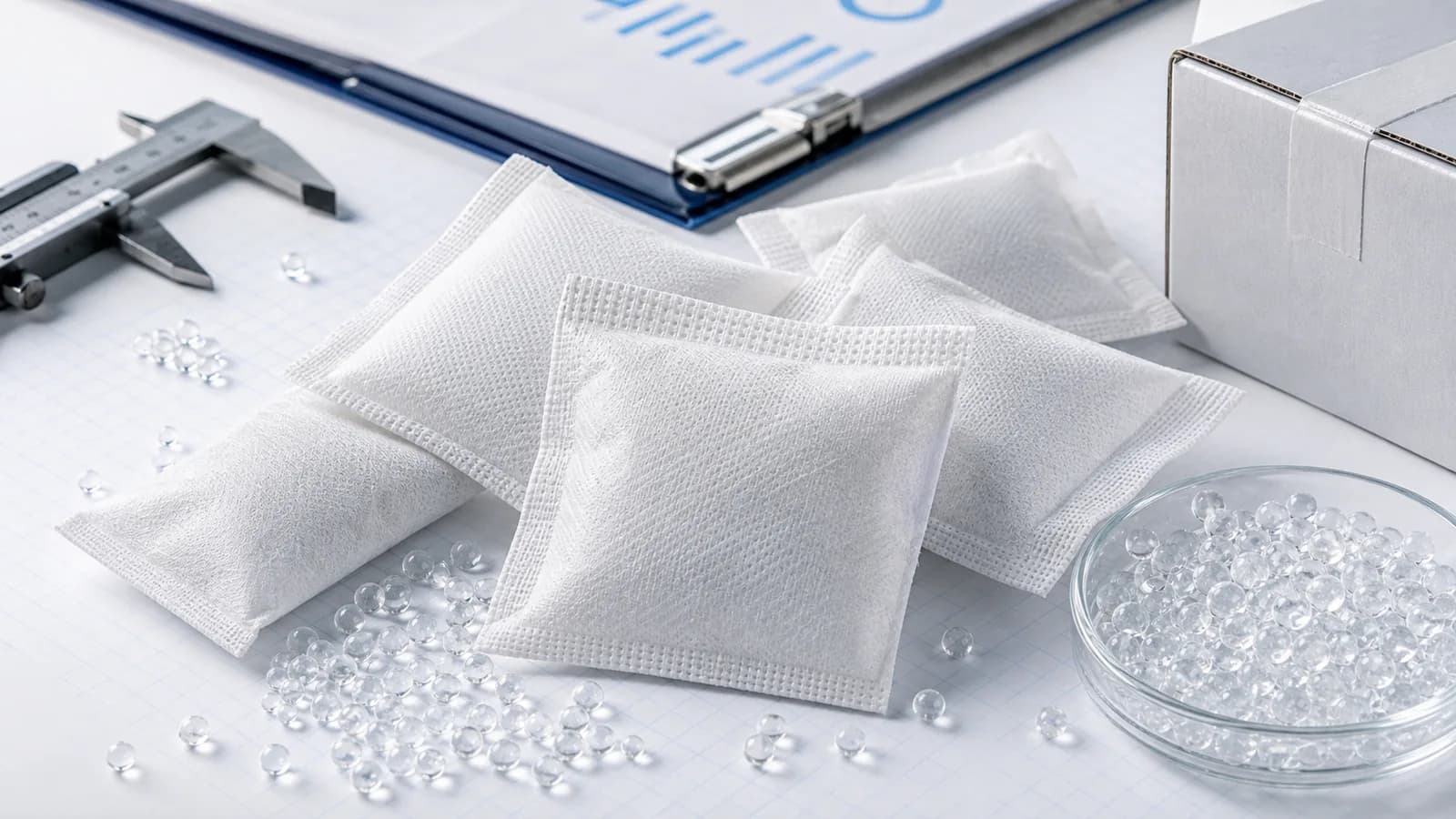 Silica gel: White silica gel desiccant sachets with clear beads on an export procurement desk