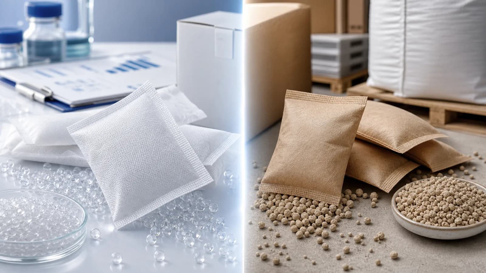 Silica Gel vs Dry Clay Desiccant: Side by side comparison of clear silica gel sachets and kraft clay desiccant bags for industrial moisture control