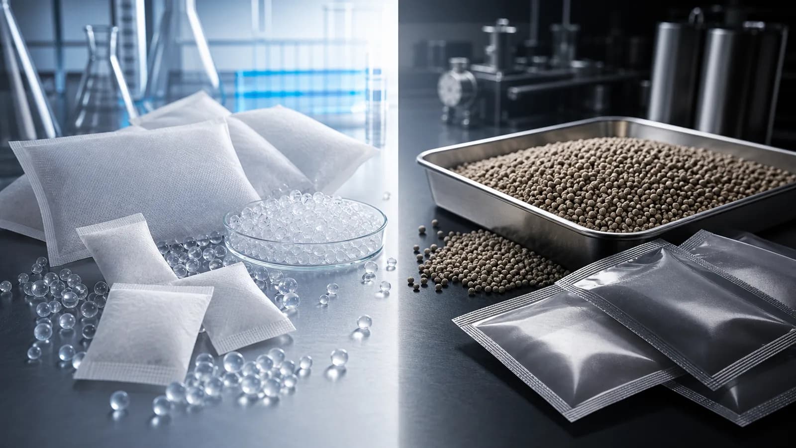 Silica Gel vs Molecular Sieve: Side by side comparison of silica gel beads and molecular sieve pellets in an industrial lab setting