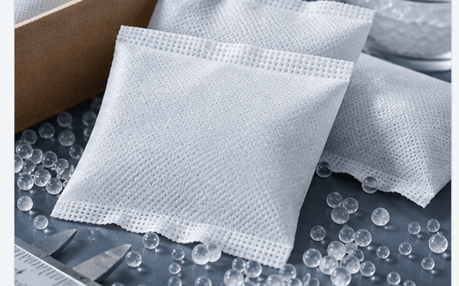 Silica gel sachets and loose beads prepared for pack selection