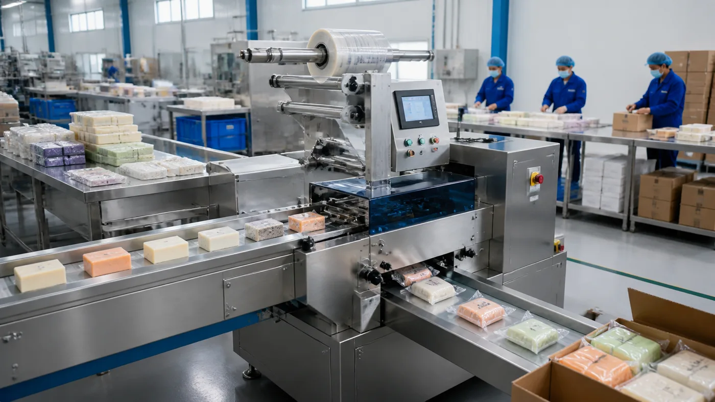 Contract packaging flow-wrap line with infeed conveyor