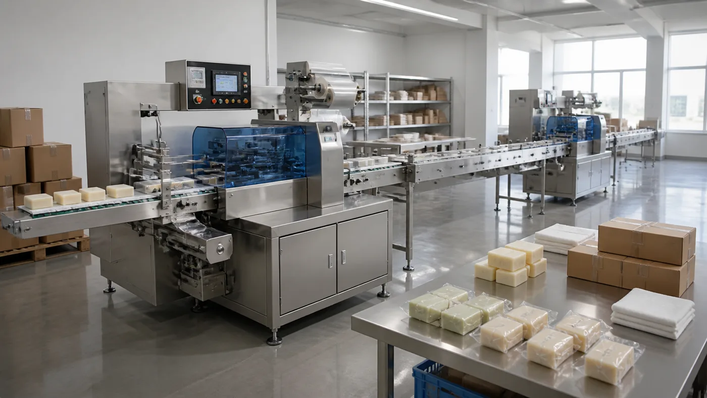 Wide shot of the automatic flow-wrap machine