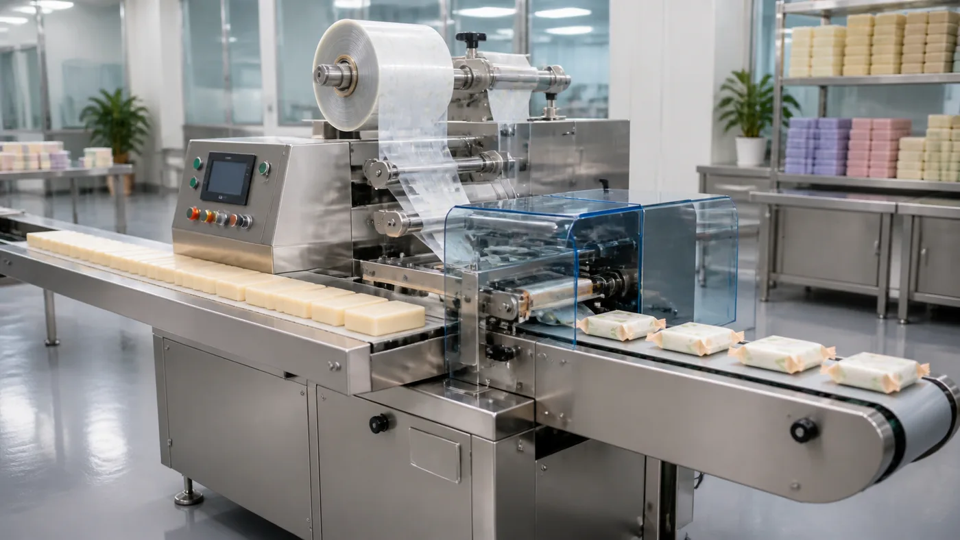 Soap bar flow-wrapping on the packaging machine