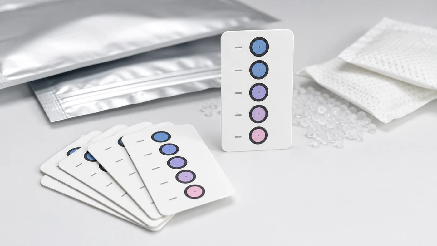 Humidity indicator cards fanned beside foil moisture-barrier bags and loose silica gel beads