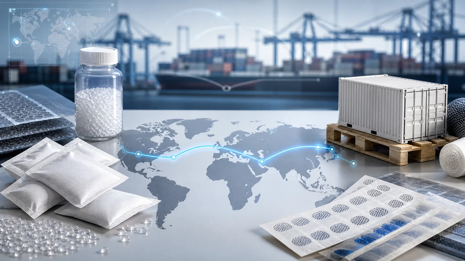 USA silica gel export supply | Export route humidity planning for silica gel logistics USA silica gel export supply: Export route humidity planning desk with world map, silica gel sachets, container desiccant samples, and port logistics