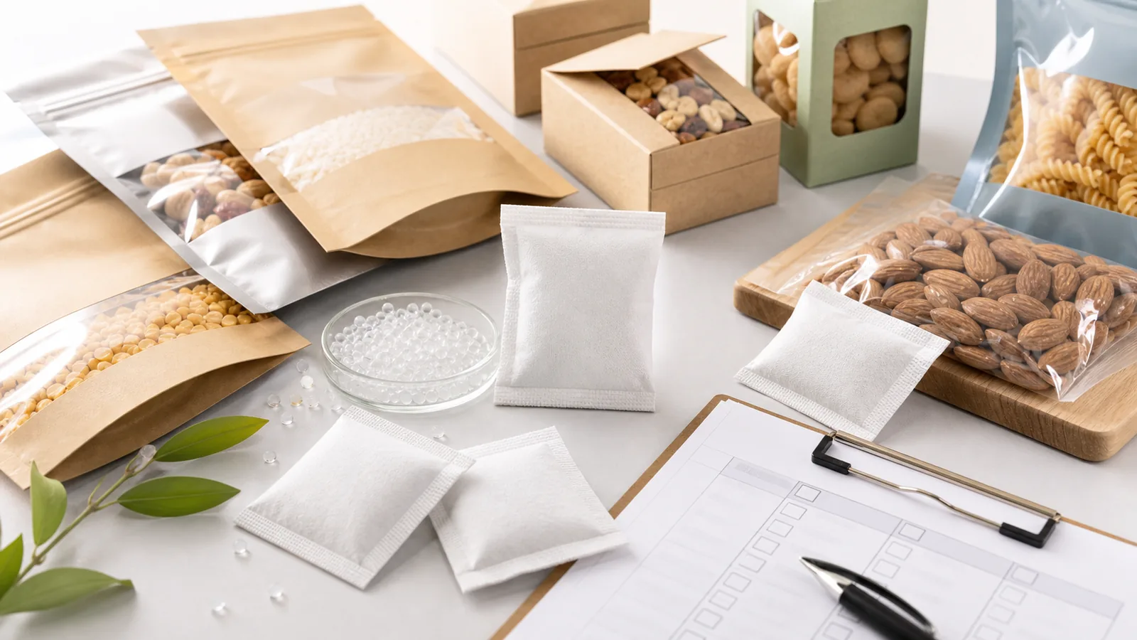 Desiccant for Food Packaging | Food packaging silica gel desiccant visual Desiccant for Food Packaging: Silica gel desiccant sachets arranged near dry food packaging and export cartons