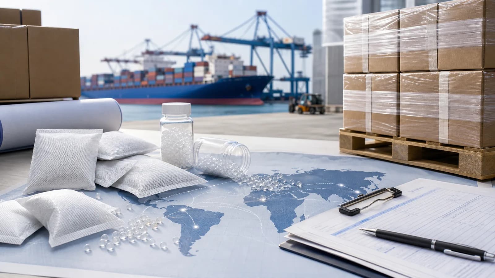Top 10 silica gel suppliers in the world and Pakistan: DryGelWorld recommended list | Top silica gel suppliers global and Pakistan ranking visual Top 10 silica gel suppliers in the world and Pakistan: DryGelWorld recommended list: Global silica gel export logistics desk with desiccant sachets, documents, pallets, and port cargo