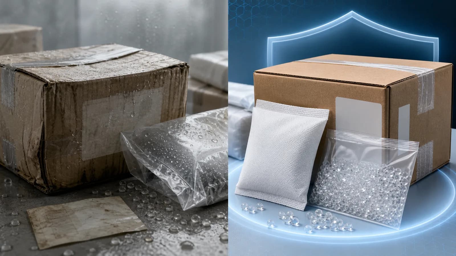Leather & Footwear Export silica gel desiccant application | Moisture damage versus desiccant protection comparison Leather & Footwear Export silica gel desiccant application: Moisture damaged packaging compared with clean desiccant protected export cartons