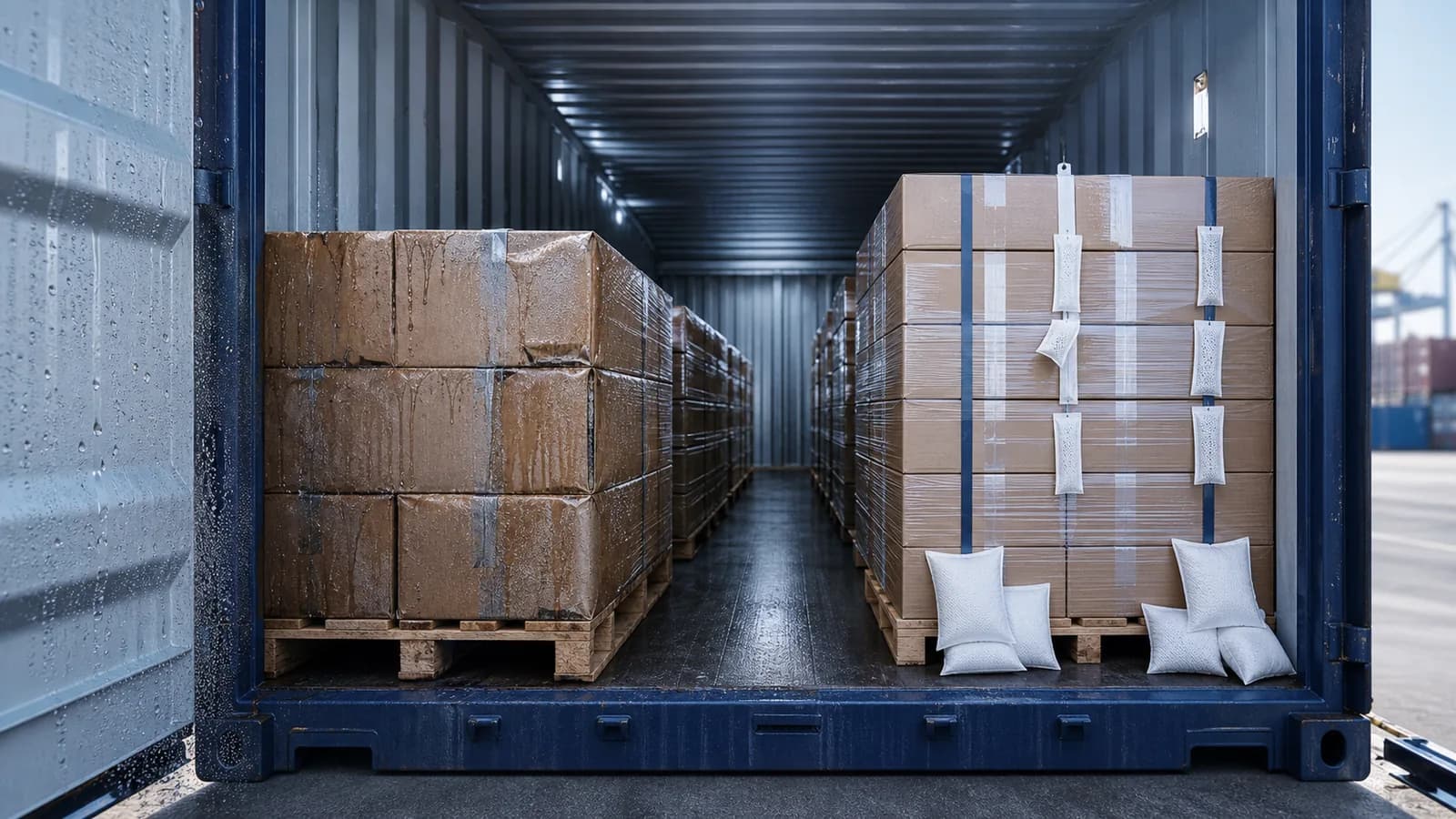 Australia silica gel export supply | Shipping container humidity damage prevention visual Australia silica gel export supply: Shipping container humidity damage prevention with damp cartons, protected pallets, and hanging desiccant strips