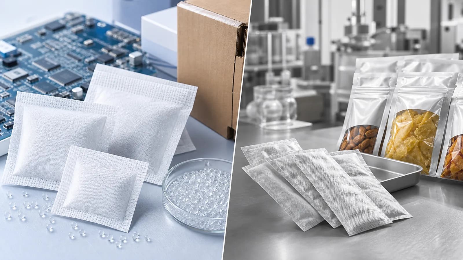Silica Gel vs Oxygen Absorber | Silica gel vs oxygen absorber comparison visual Silica Gel vs Oxygen Absorber: Side by side comparison of silica gel sachets and oxygen absorber packets for packaging protection